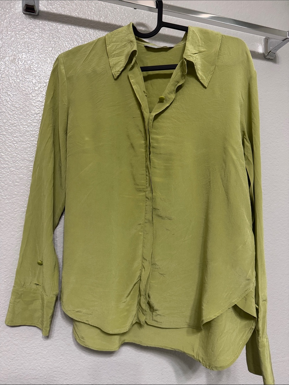 Lightweight Silk Top - Olive Green Button-Front Blouse